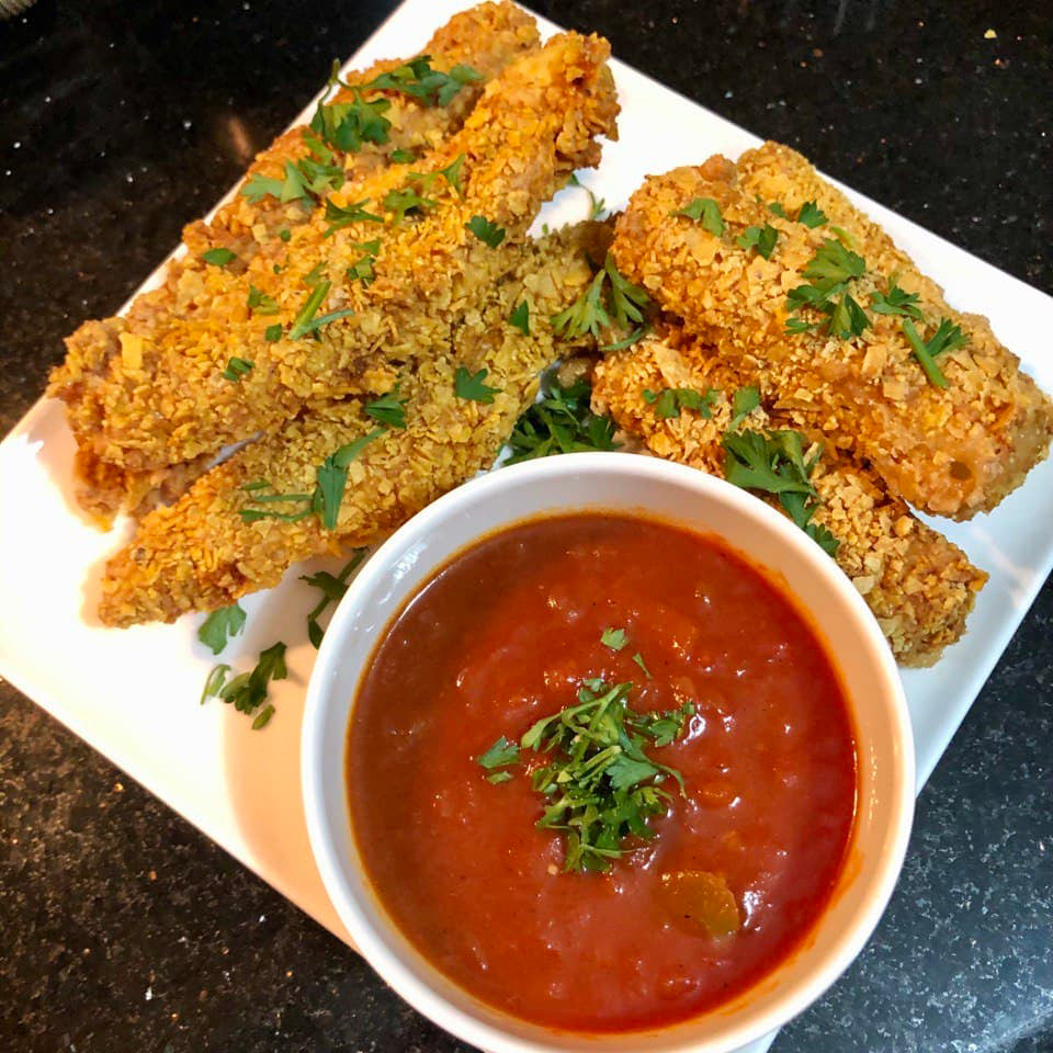 Nacho Crusted Chicken Fingers and Mozzarella Sticks