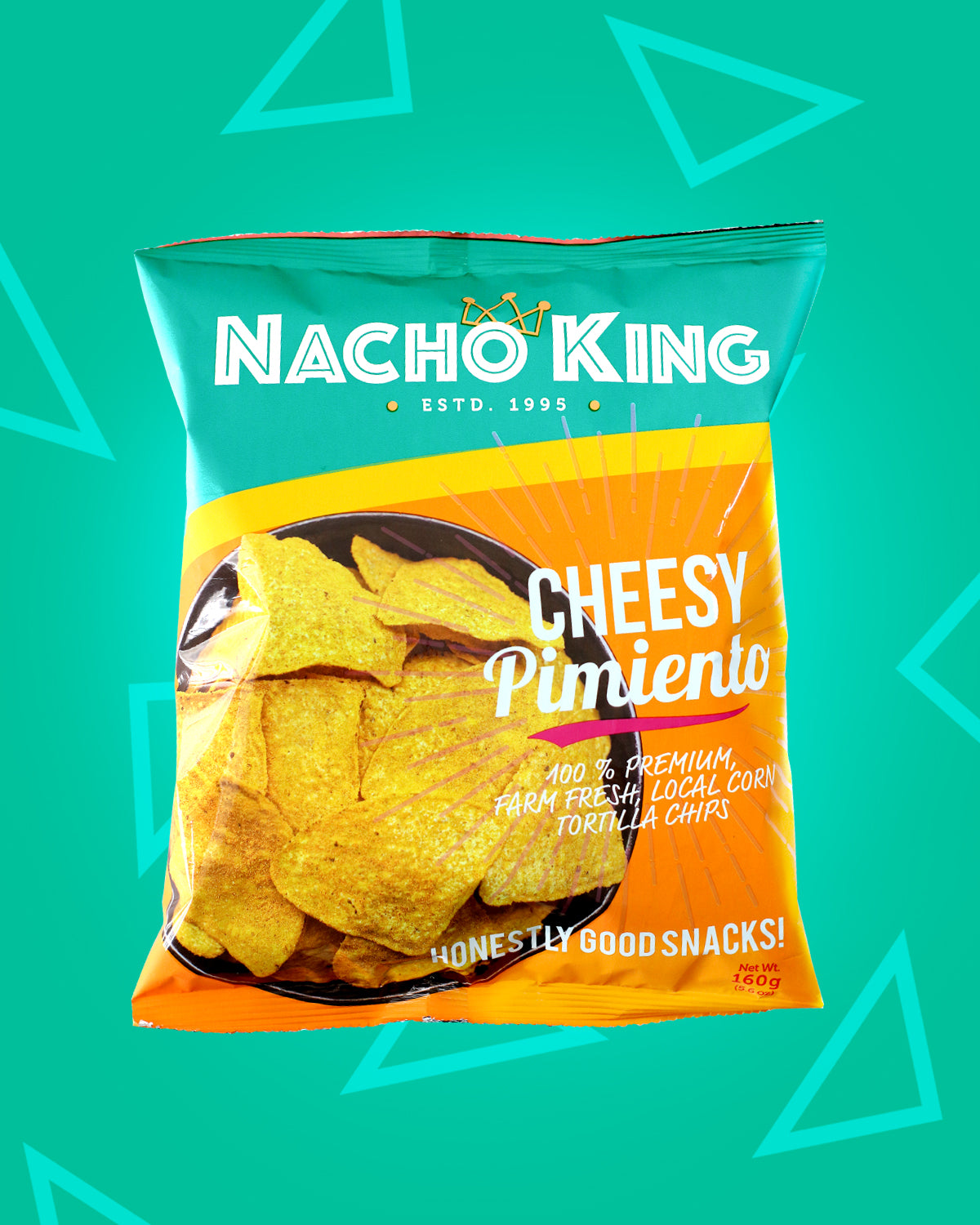 A pack of Nacho King Cheesy Pimiento Tortilla Chips, Local Corn Chips