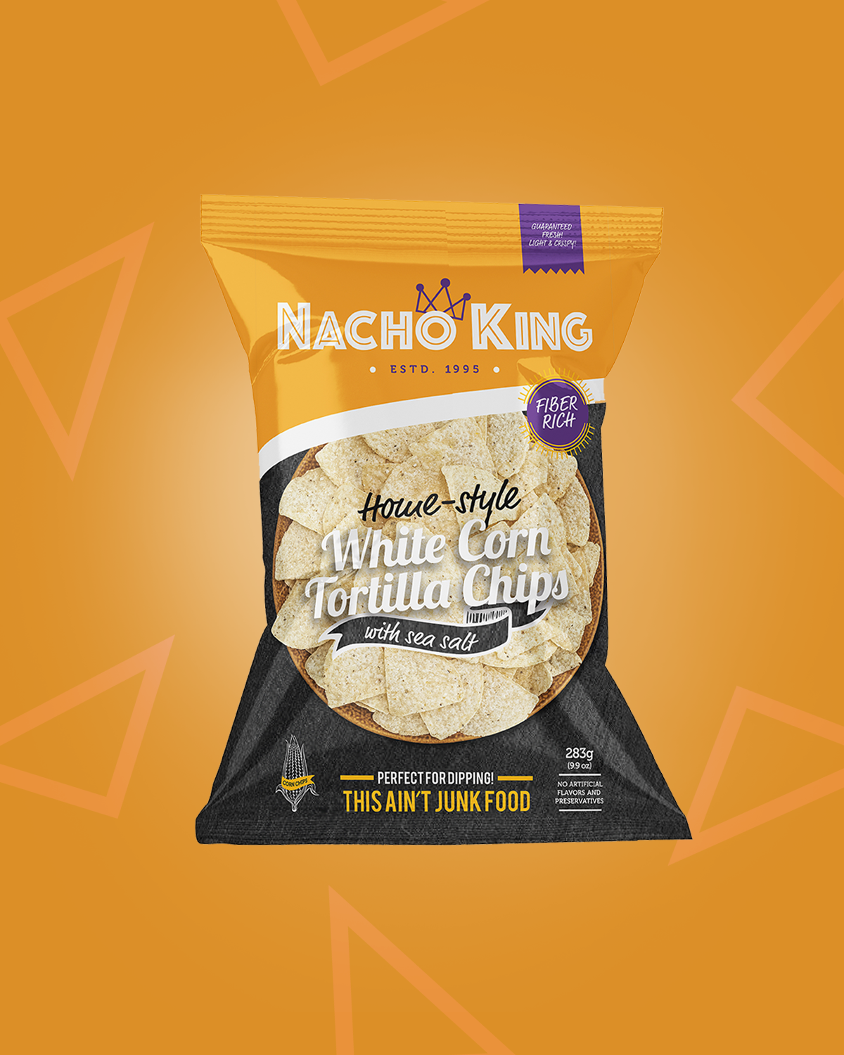 A pack of Nacho King Home Style White Corn Tortilla Chips, Local Corn Chips