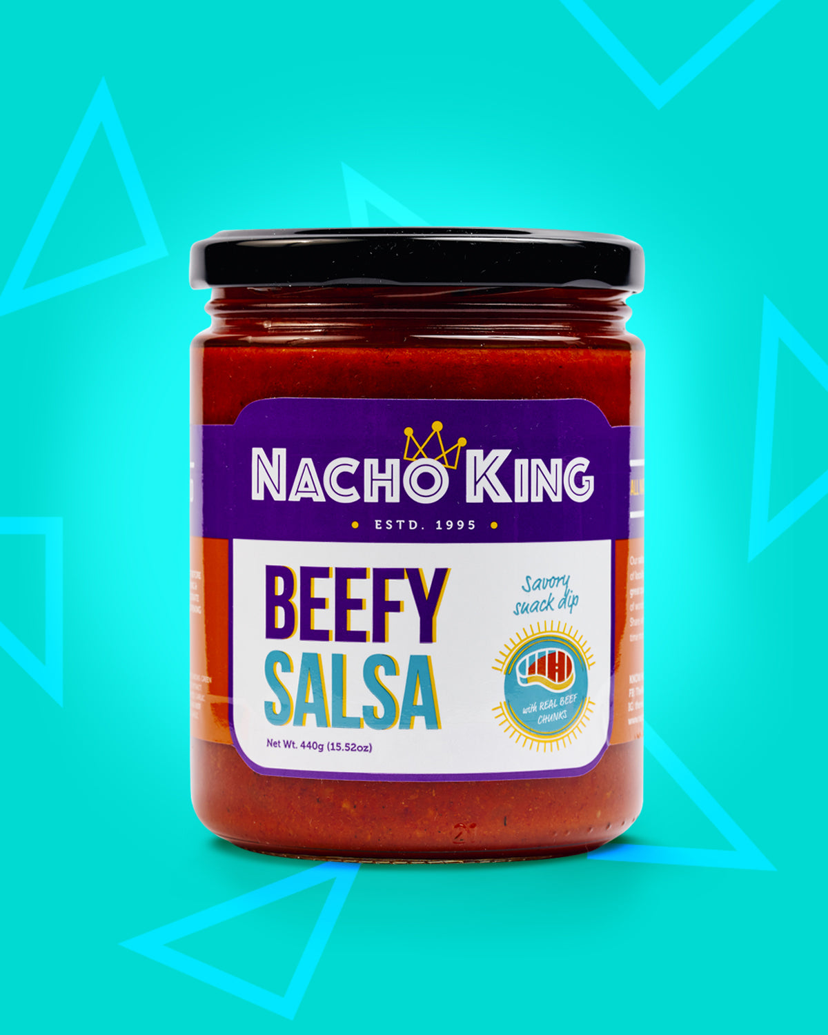 A jar of Nacho King Beefy Salsa Dip for Nachos, Tortillas, and Chips