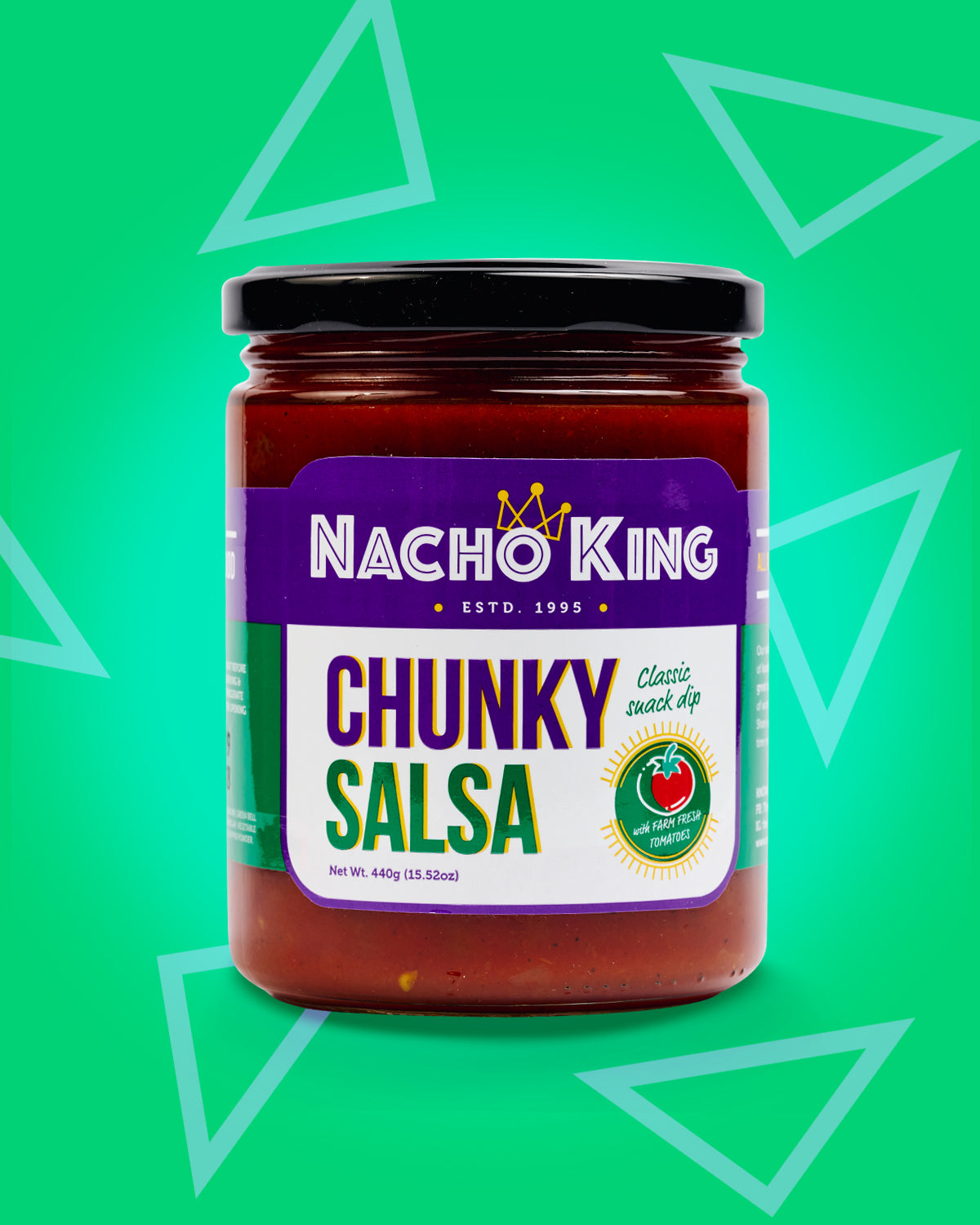 A jar of Nacho King Chunky Salsa Dip for Nachos, Tortillas, and Chips